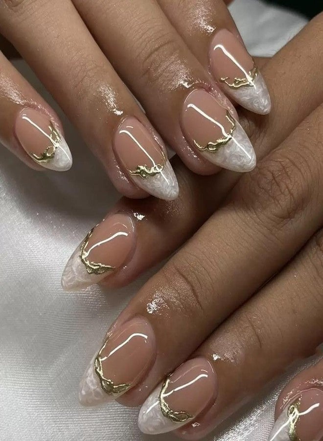 CTTHNBD Press on Nails Short Almond Fake Nails White Ombre False Nails with 3D Gold Line Design Glue on Nails Glossy Full Cover Stick on Nails Elegant Acrylic Nails for Women Manicure 24Pcs - Image 1